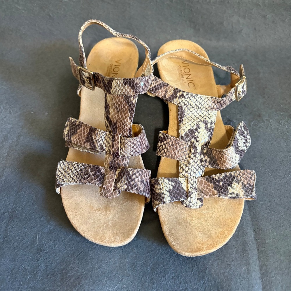 Vionic Glenda Wedge Sandals Womens 9 Snakeskin Print Brown Tan Comfort Outdoors